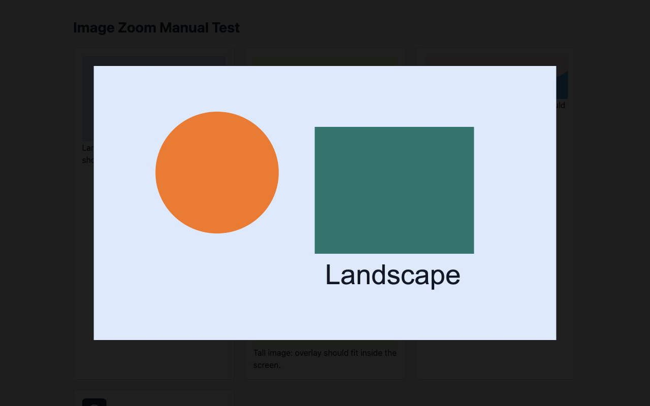 Image Zoom showing a full-page zoom overlay on a test image.